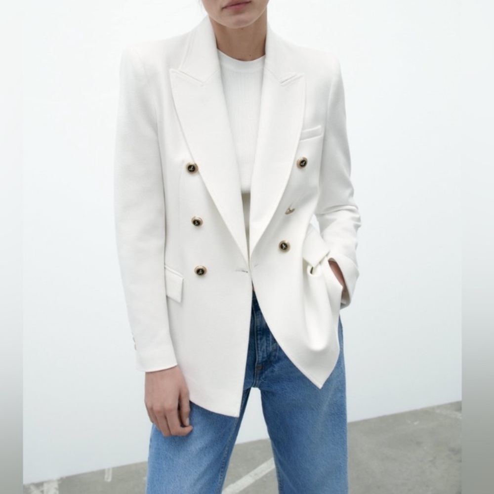 ZARA White Black Crest Buttons Double Breasted Blazer Jacket NWT - Picture 6 of 11